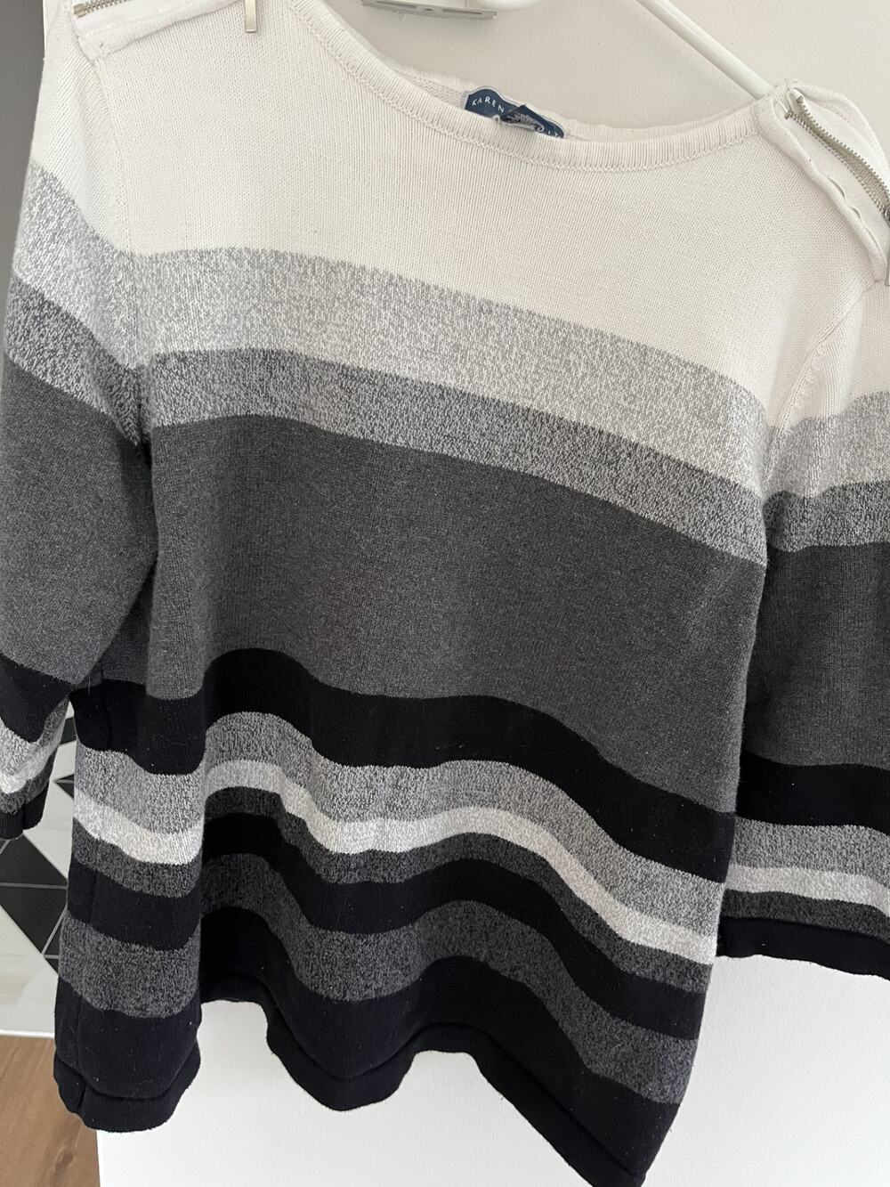 Karen Scott Sweater 2X Cotton  Boat Neck Black White Gray Oversized Relaxed